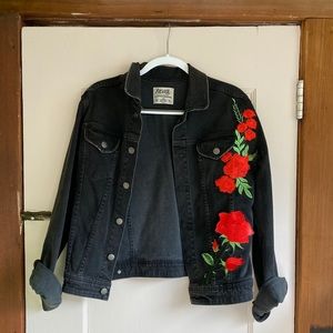 Black Denim Jacked With Rose Patches